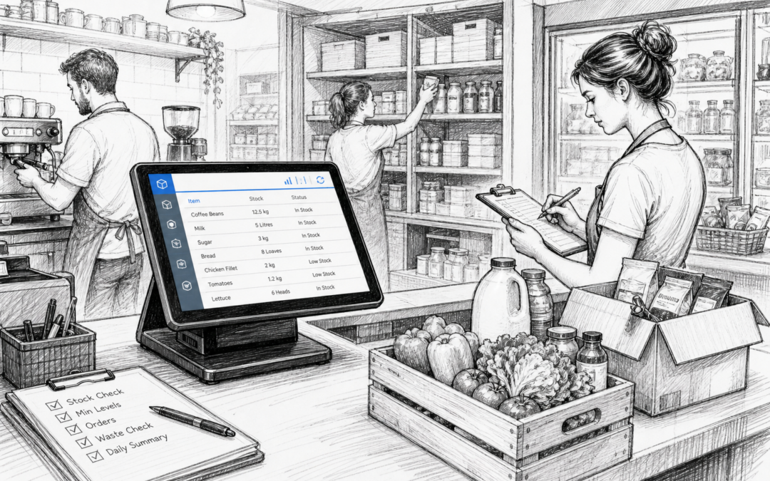 Pencil and ink sketch of a UK café or shop counter with a Samtouch-style POS terminal and stock control elements