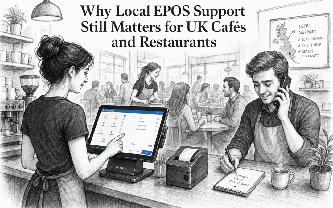 Black-and-white sketch of a UK café or restaurant with a Samtouch-style EPOS terminal and staff managing service with local support themes.