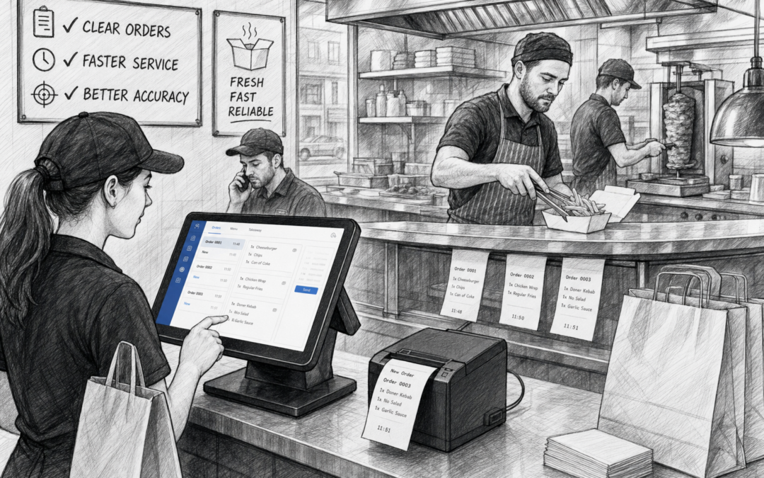 Hand-drawn sketch of a busy UK takeaway with a POS terminal and kitchen printing setup