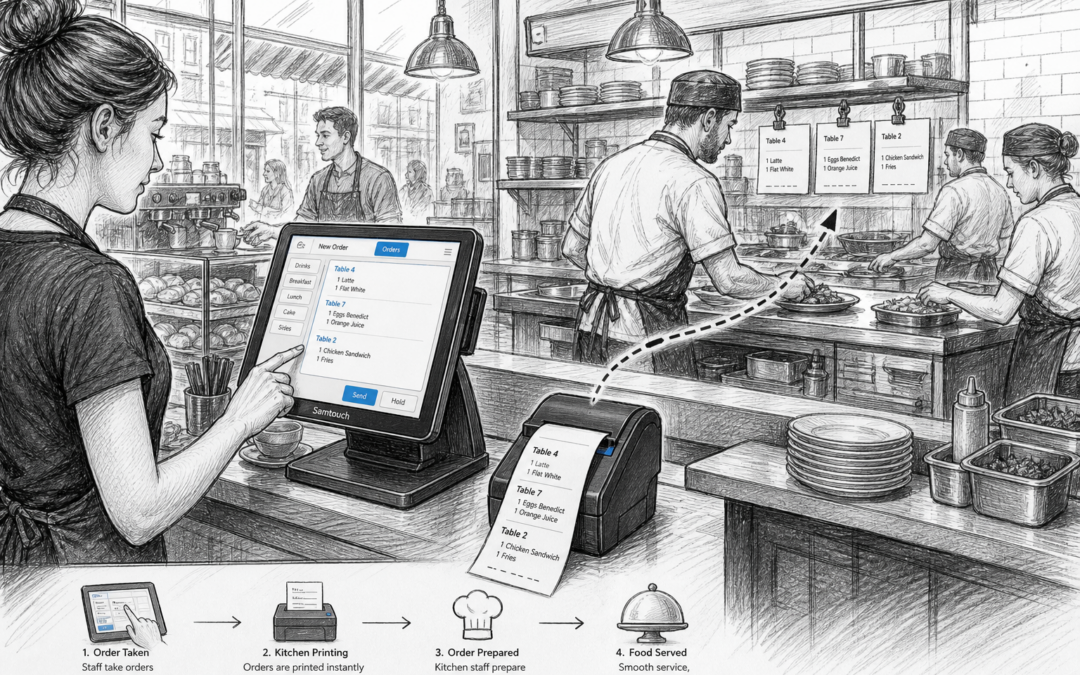 Hand-drawn sketch of a UK café using EPOS kitchen printing with a Samtouch touchscreen terminal and kitchen printer