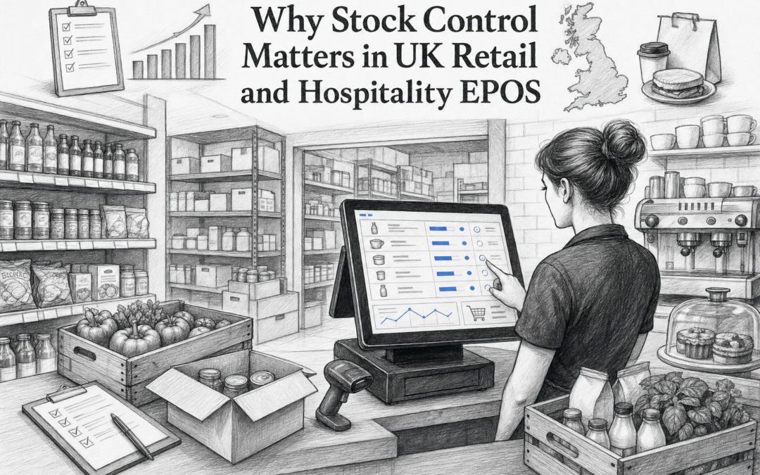 Black-and-white sketch of a UK retail or hospitality venue using a Samtouch-style POS terminal for stock control.