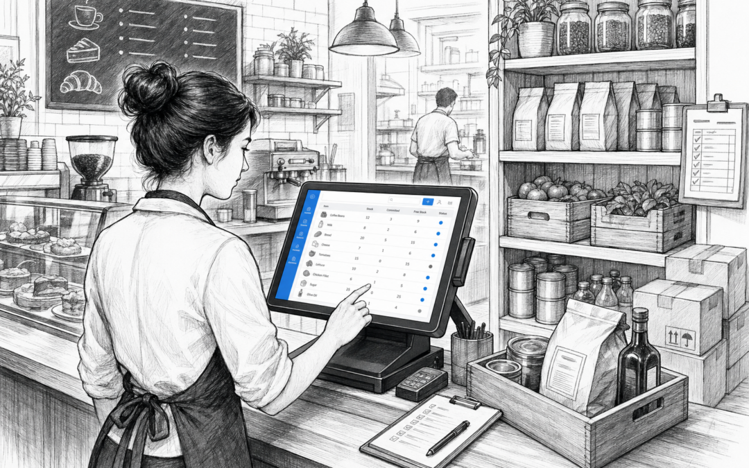 A black-and-white sketch of a UK café counter with a Samtouch-style POS terminal and stock control items around it.