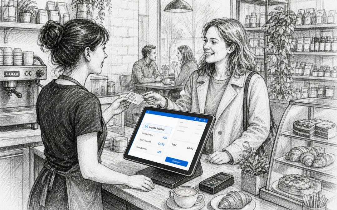 Black and white sketch of a UK café counter with a touchscreen EPOS terminal and customer loyalty interaction.