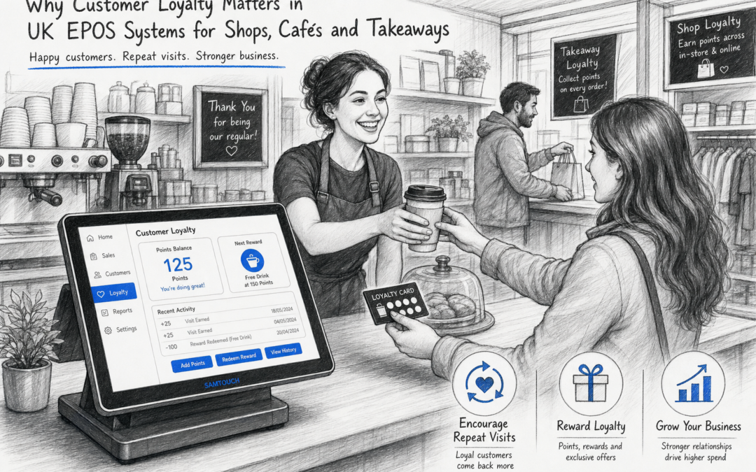 Black and white sketch of a UK café counter with a Samtouch POS terminal showing customer loyalty features