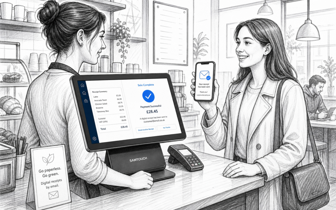 Black-and-white sketch of a UK café or shop using a Samtouch POS terminal to send digital receipts to a customer’s phone.
