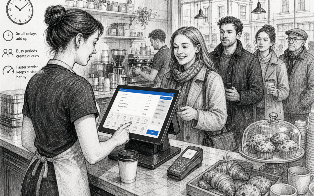 Hand-drawn sketch of a UK café counter with a touchscreen EPOS terminal helping staff serve customers faster
