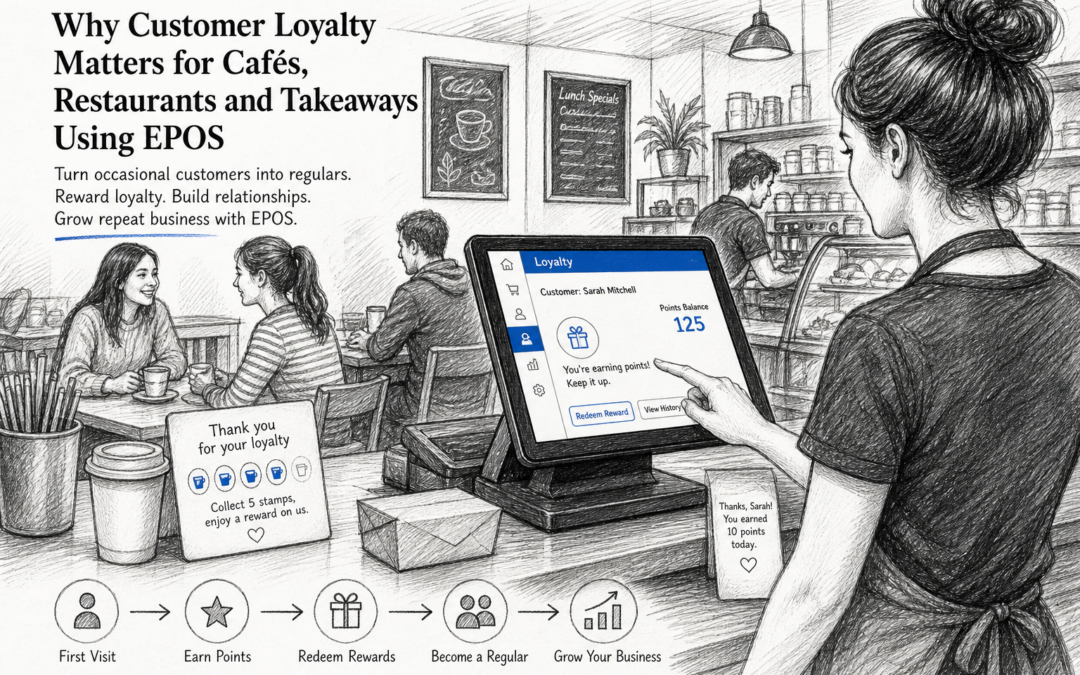 Black and white sketch of a café or takeaway counter showing a staff member using a touchscreen EPOS system for customer loyalty