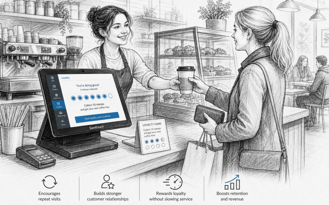 Hand-drawn sketch of a UK café counter with a touchscreen POS terminal showing a customer loyalty feature, with a barista and regular customer.