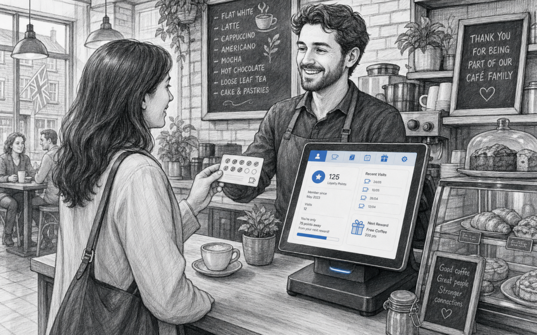 Hand-drawn sketch of a UK café or restaurant using a Samtouch touchscreen POS to support customer loyalty