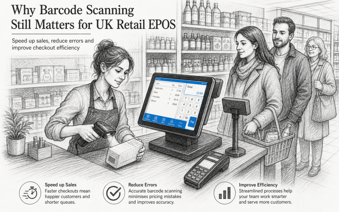 Black-and-white sketch of a UK retail shop checkout with barcode scanning on a Samtouch-style EPOS terminal
