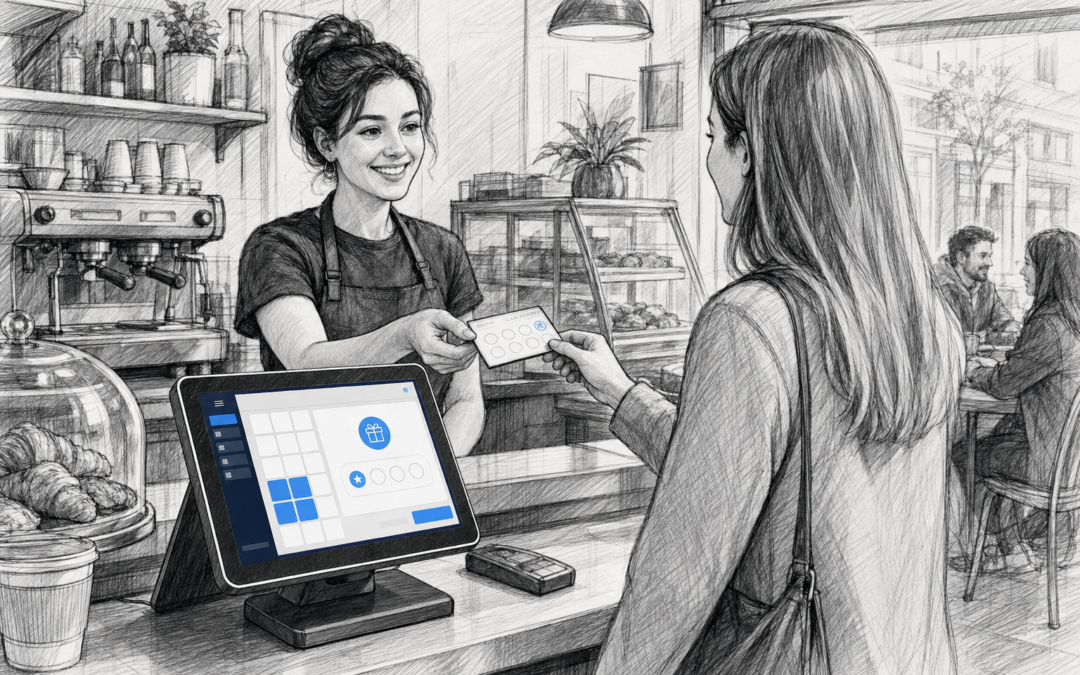Black-and-white sketch of a UK café counter with a Samtouch POS terminal showing customer loyalty features