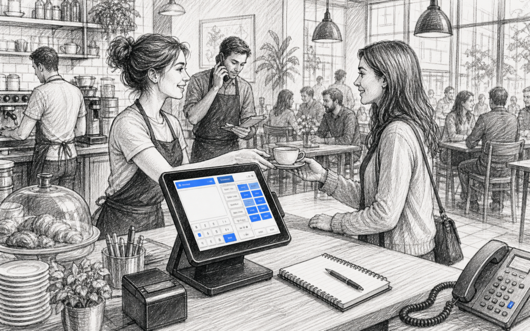 Hand-drawn sketch of a UK café or restaurant using a Samtouch POS terminal, showing local EPOS support helping with smooth service.