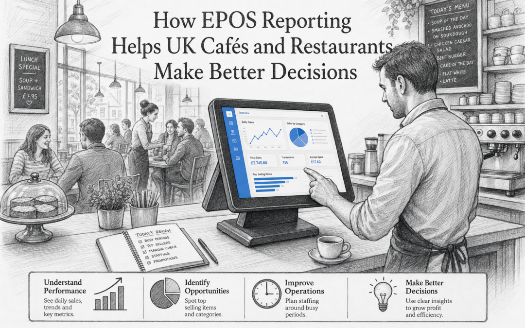 Hand-drawn sketch of a UK café manager reviewing EPOS reporting on a Samtouch touchscreen till