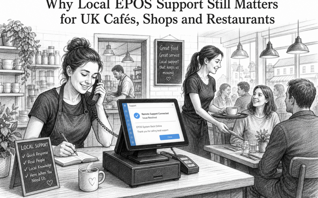 Black-and-white sketch of a UK café with a Samtouch touchscreen POS terminal and staff using local EPOS support during a busy service.