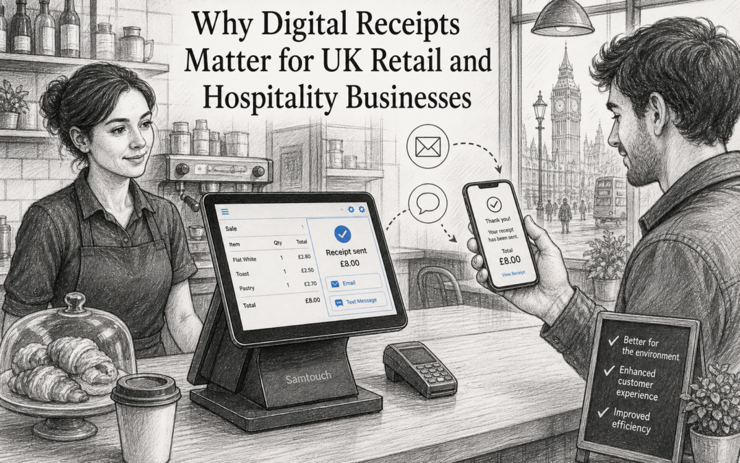 Black-and-white sketch of a UK café checkout with a Samtouch-style POS terminal sending digital receipts to a customer’s phone.
