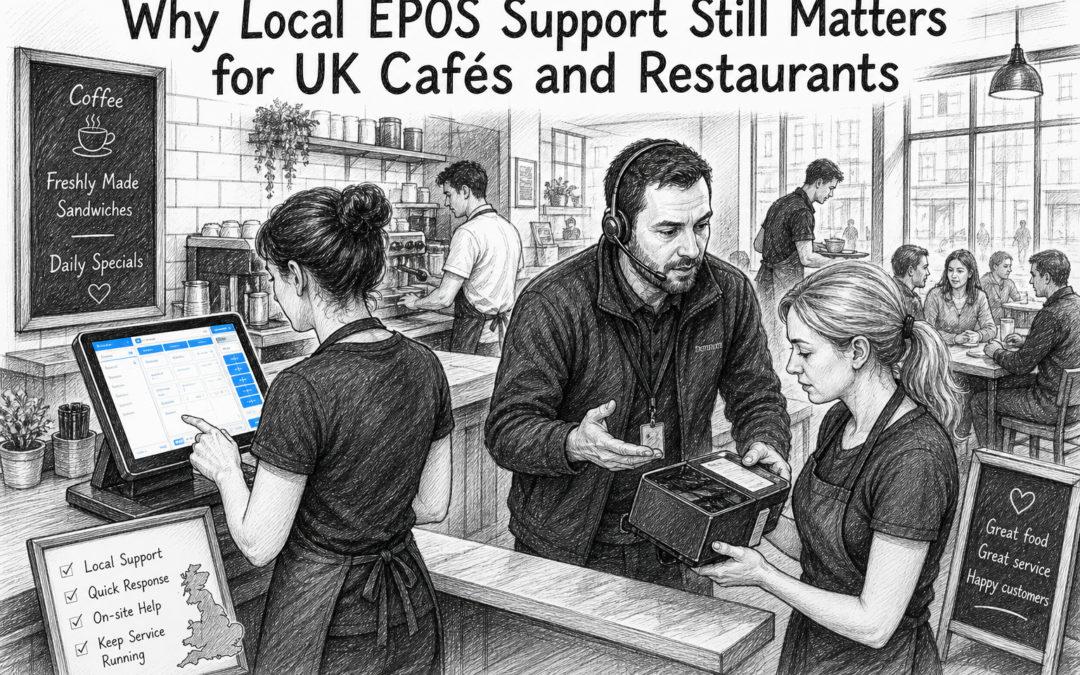 Black and white sketch of a UK café and restaurant with a Samtouch touchscreen POS terminal, showing the importance of local EPOS support.