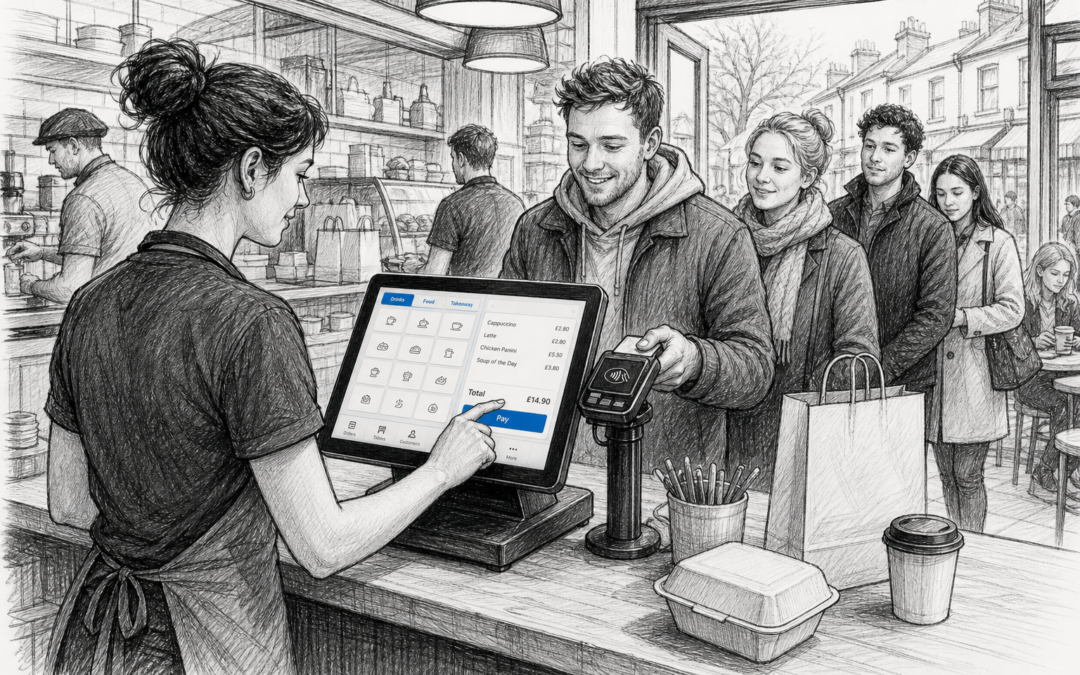 Black-and-white sketch of a UK café takeaway counter using a touchscreen EPOS terminal to speed up customer payments.