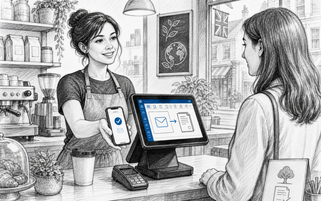 Hand-drawn sketch of a UK café or retail counter showing a touchscreen POS terminal and digital receipt being sent to a customer