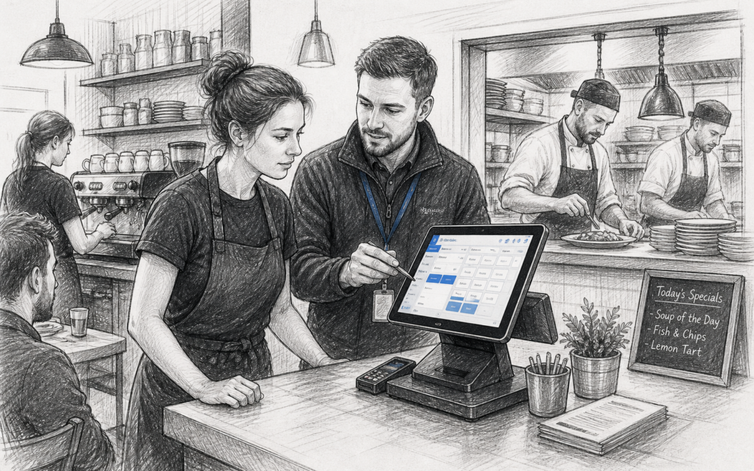 Black-and-white sketch of a UK café or restaurant with a Samtouch-style POS terminal and staff receiving local EPOS support.