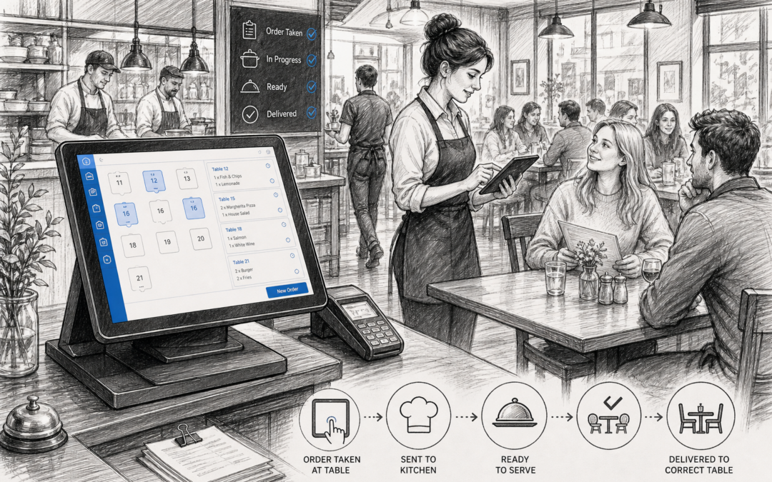 Black-and-white sketch of a busy restaurant with a touchscreen EPOS system supporting table service order management.