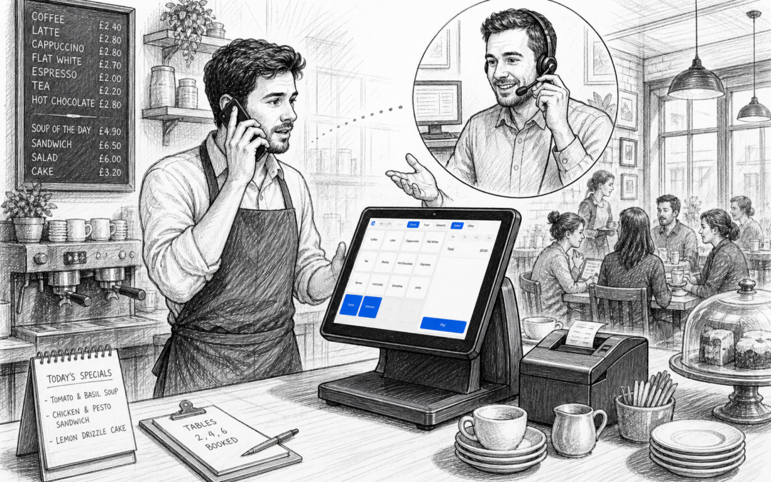 Pencil and ink sketch of a UK café with a Samtouch-style POS terminal and local EPOS support in action