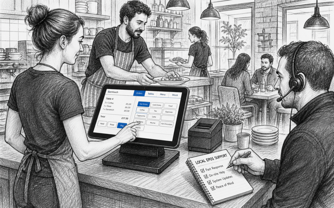 Hand-drawn sketch of a UK café or restaurant with a Samtouch touchscreen POS terminal, showing the importance of local EPOS support.