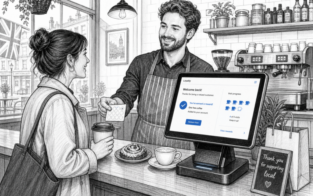 Hand-drawn sketch of a UK café counter with a Samtouch POS terminal, showing customer loyalty features and repeat customer service.