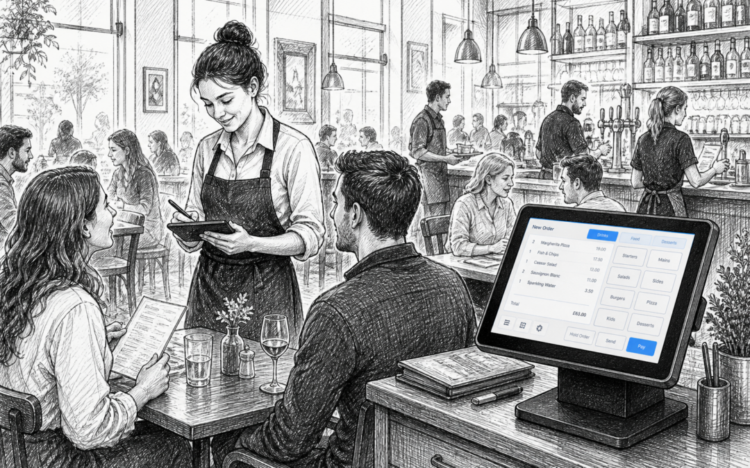 Hand-drawn sketch of a restaurant server using table service EPOS on a touchscreen terminal in a busy UK hospitality venue