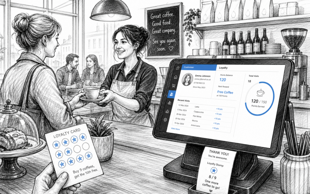 Black-and-white sketch of a UK café using a Samtouch touchscreen POS terminal to manage customer loyalty