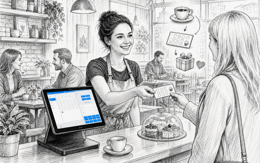Black and white sketch of a UK café or restaurant with a Samtouch POS terminal, showing customer loyalty at the counter.