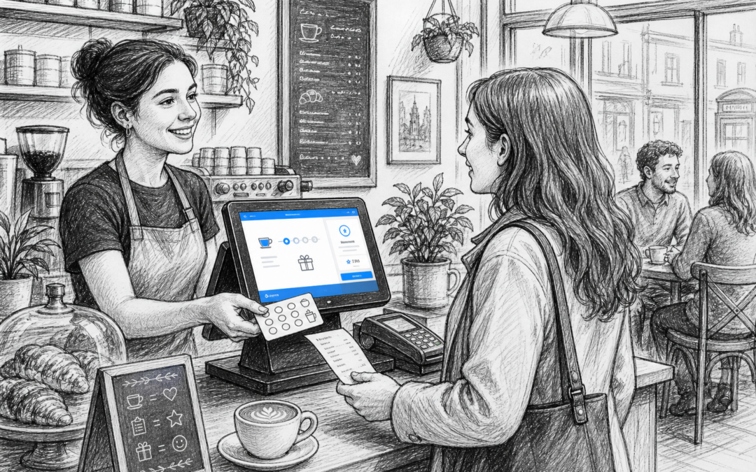 Hand-drawn sketch of a UK café with a Samtouch-style EPOS terminal, showing customer loyalty features supporting repeat visits.