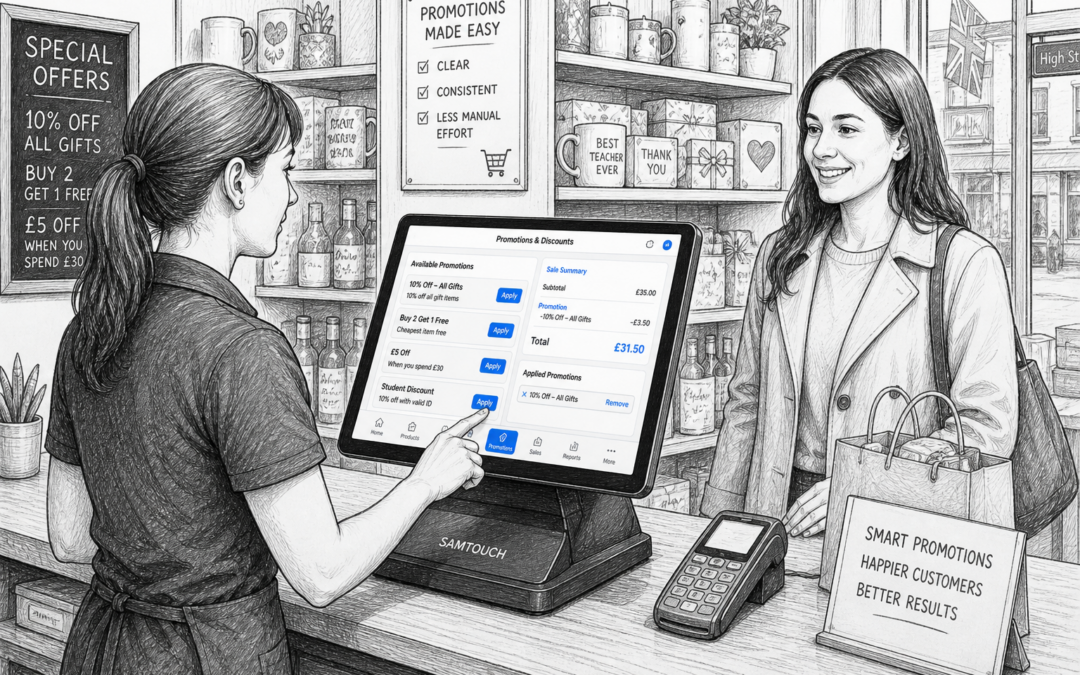 Black and white sketch of a UK retail shop using a touchscreen EPOS system to apply promotions and discounts at the till.