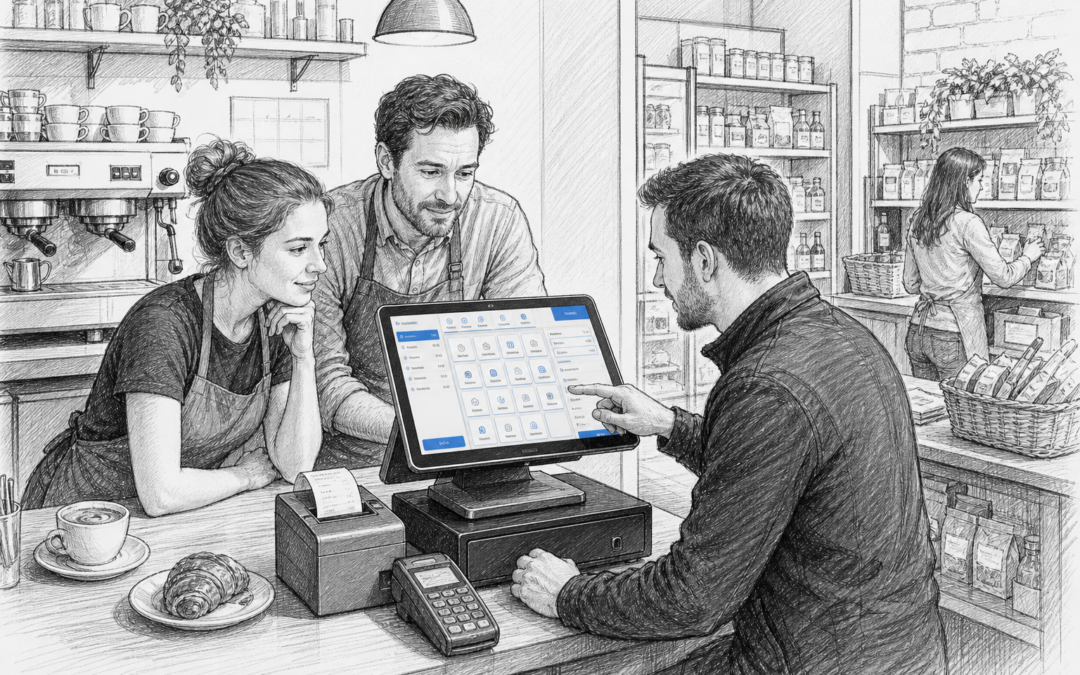 Black-and-white sketch of a UK café and shop counter with a Samtouch-style POS terminal, showing local EPOS support in action.