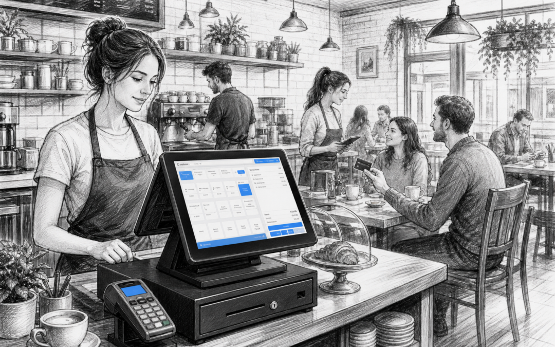 Black-and-white sketch of a UK café with a Samtouch EPOS terminal and staff serving customers, illustrating local EPOS support for cafés and restaurants.