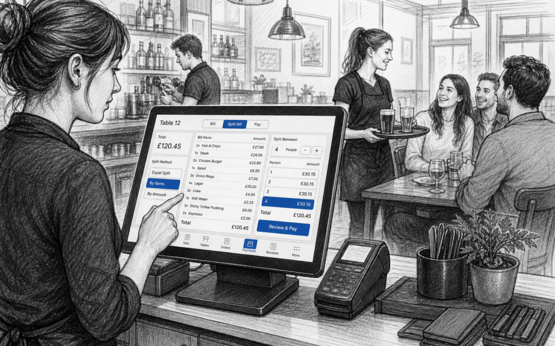 Restaurant staff using a Samtouch-style touchscreen till to split a bill and manage a customer tab