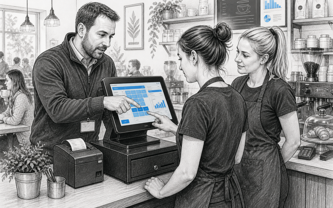 Local EPOS support demonstration with a Samtouch touchscreen till in a busy UK café or shop