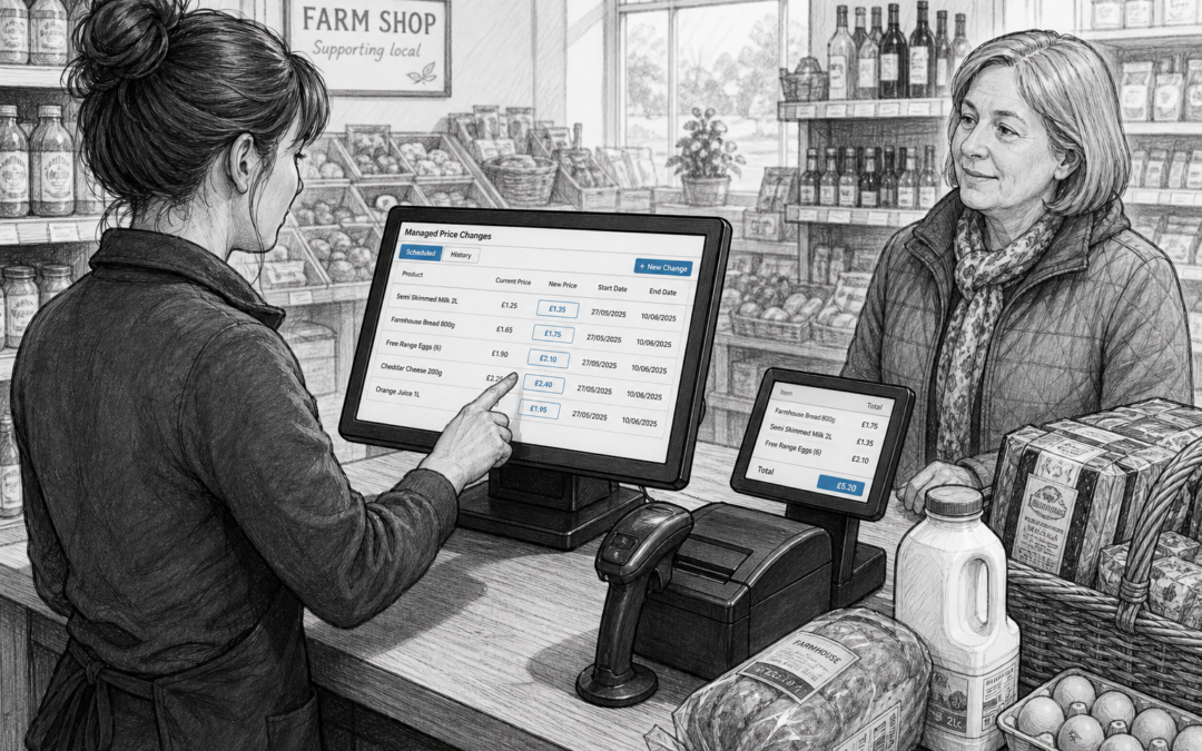 Retail shop staff using a Samtouch touchscreen till to manage scheduled price changes at the checkout.