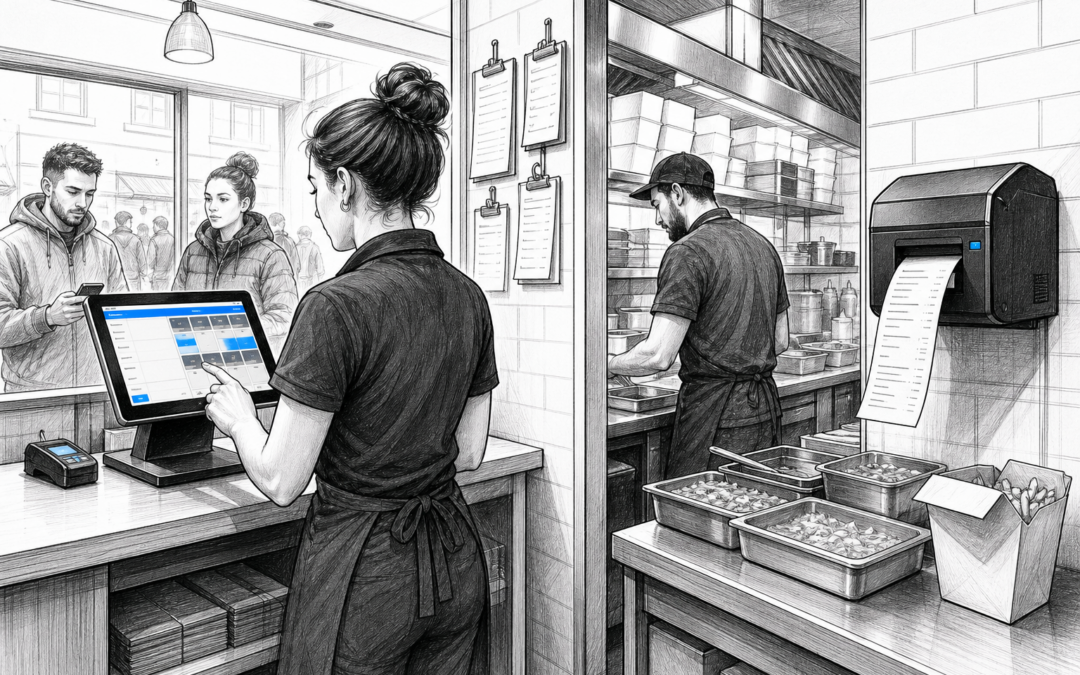Takeaway staff using a Samtouch touchscreen till with a kitchen printer sending clear order tickets to the prep area.