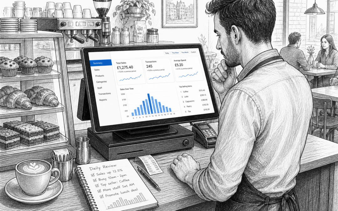 Sketch of a UK café using a touchscreen EPOS terminal to review sales reporting