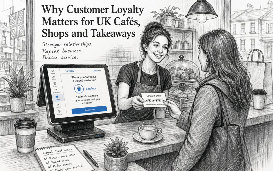 Sketch illustration of a UK café using a POS touchscreen to manage customer loyalty and repeat visits.