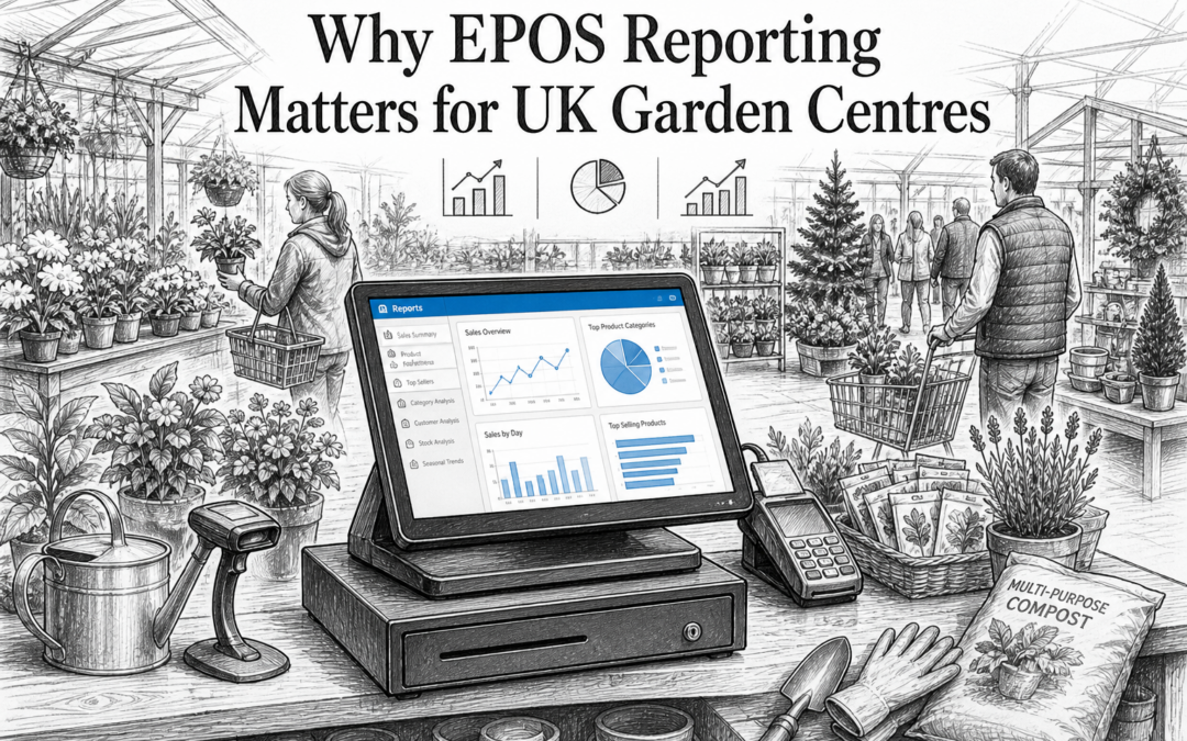 Hand-drawn sketch of a UK garden centre counter with a Samtouch touchscreen POS showing reporting data, surrounded by plants and retail displays.