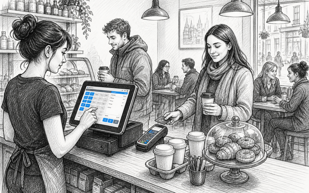 Black-and-white sketch of a UK café using a touchscreen EPOS system to improve service speed and payment flow.