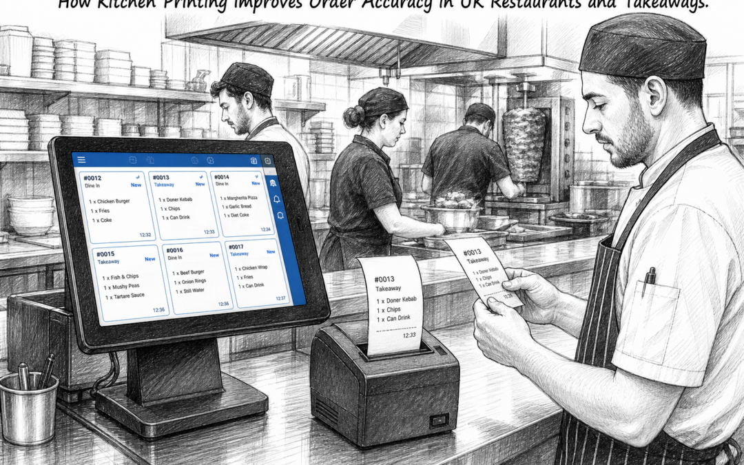 Black-and-white sketch of a UK restaurant kitchen with a POS terminal and kitchen printer improving order accuracy