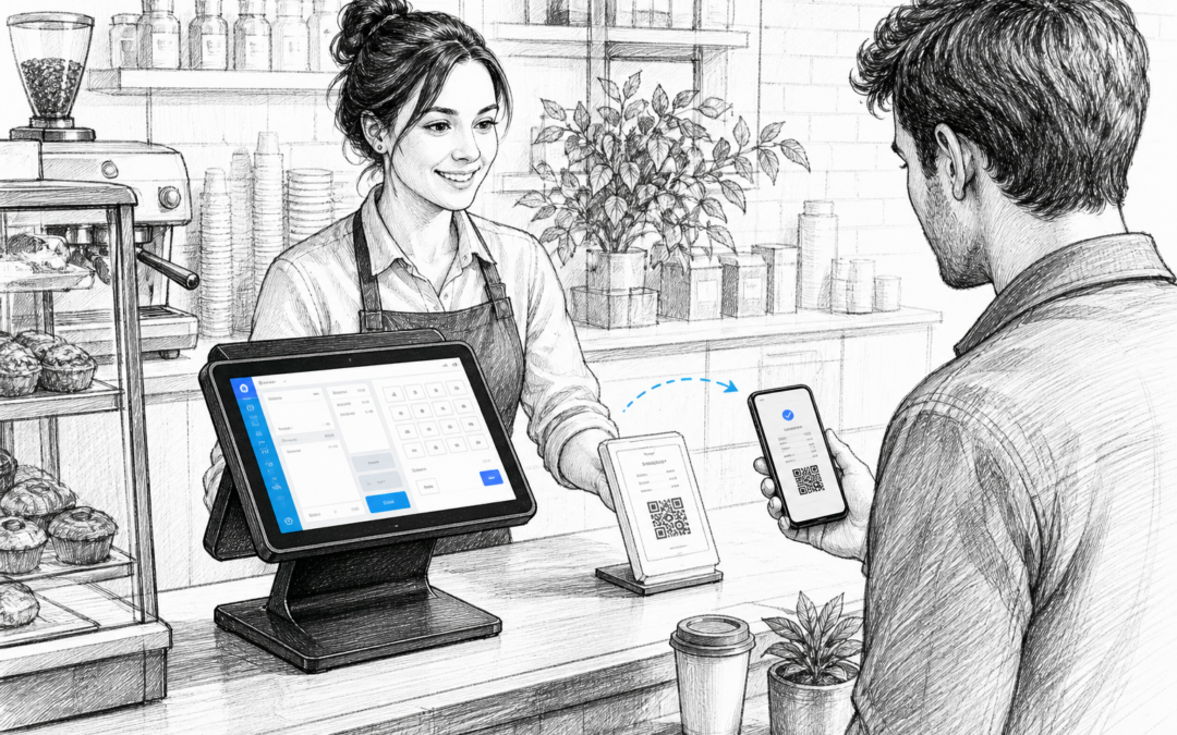 Black and white sketch of a UK café or retail counter with a Samtouch POS terminal sending a digital receipt to a customer phone.