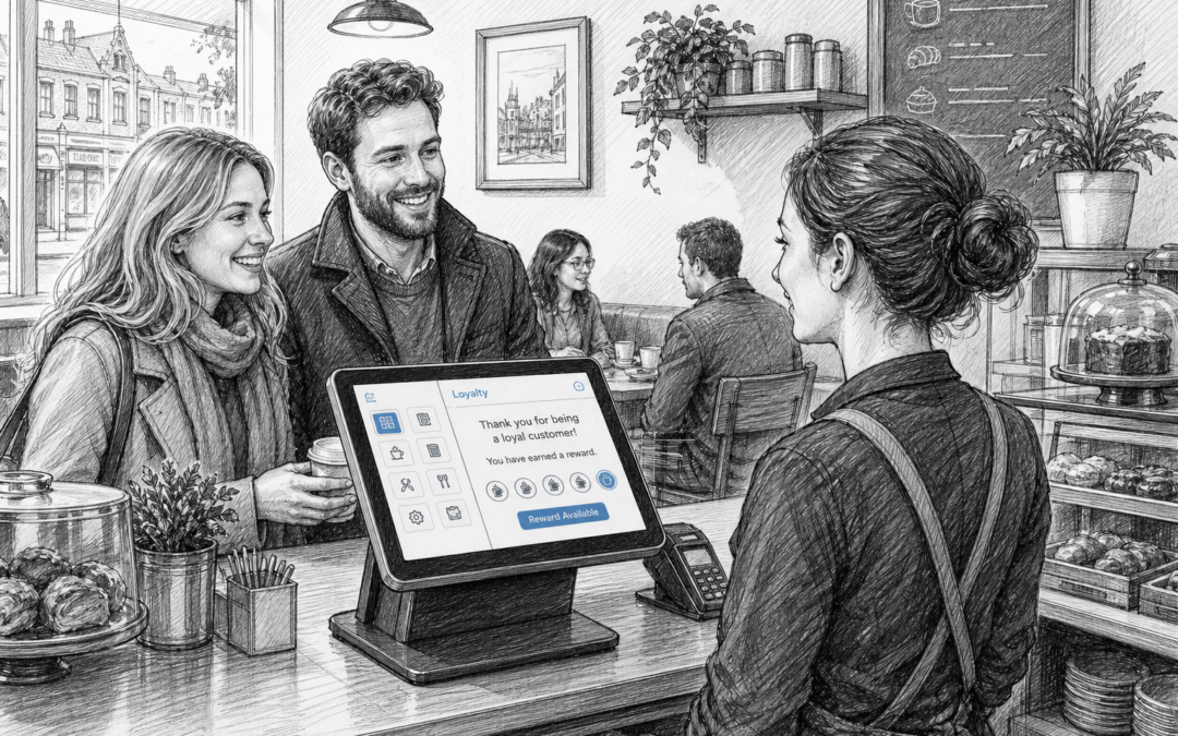 Hand-drawn sketch of a UK café counter with a Samtouch POS terminal, staff member and repeat customers, showing customer loyalty features.