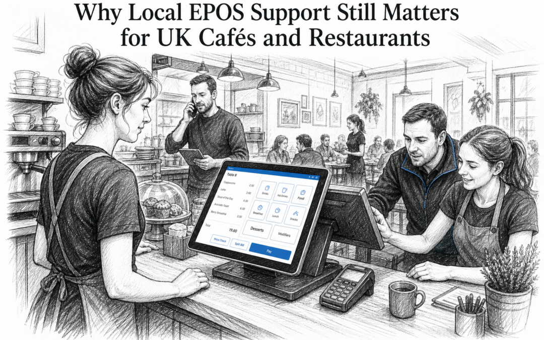 Black-and-white sketch of a UK café or restaurant with a Samtouch touchscreen POS terminal and staff receiving local EPOS support