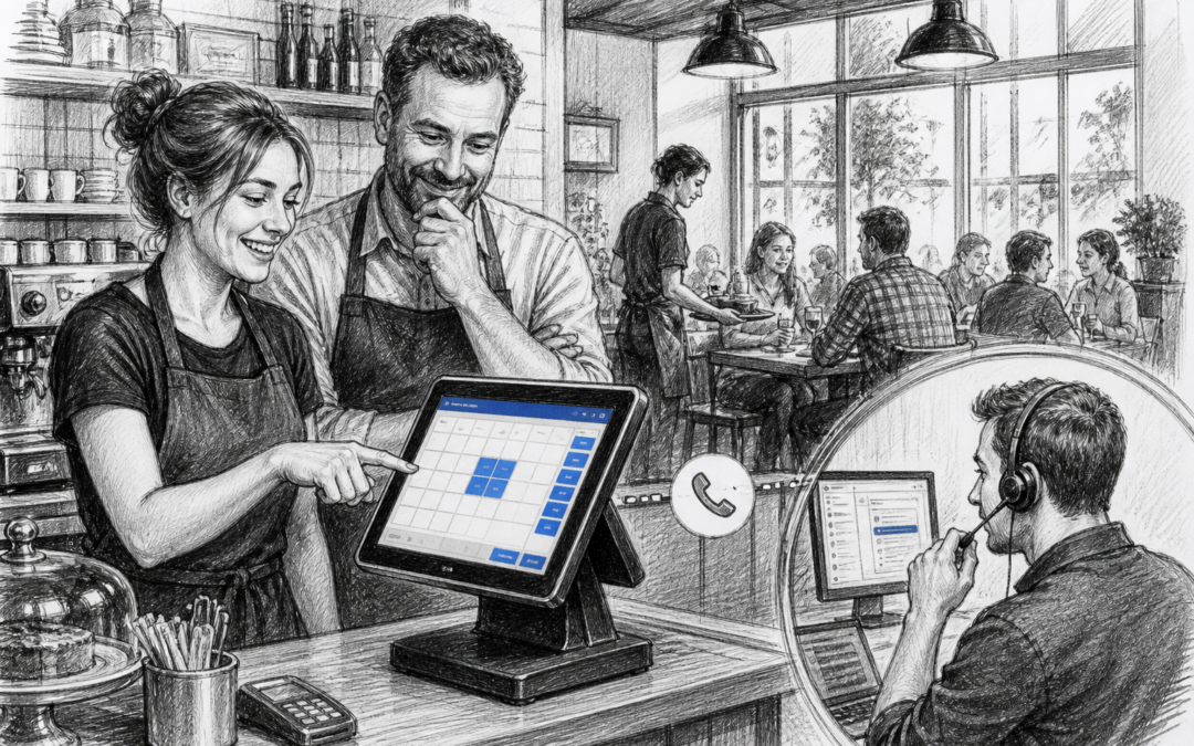 Black and white sketch of a UK café or restaurant using a Samtouch touchscreen POS terminal with local EPOS support theme.