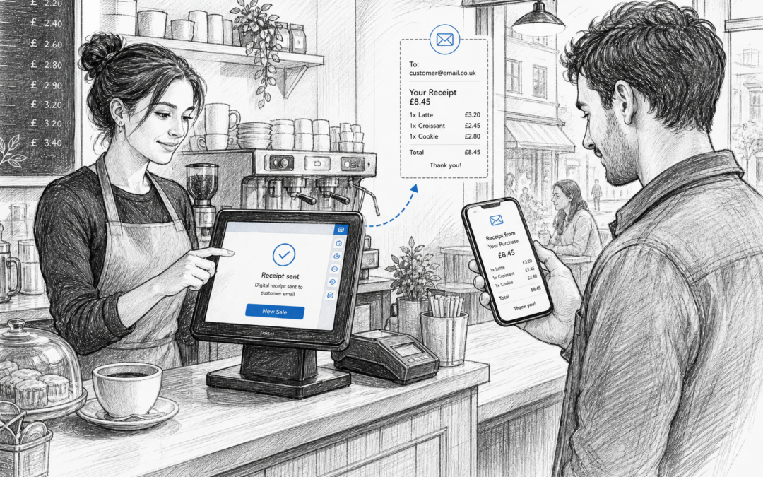 Black-and-white sketch of a UK café counter with a Samtouch POS terminal sending digital receipts to a customer.