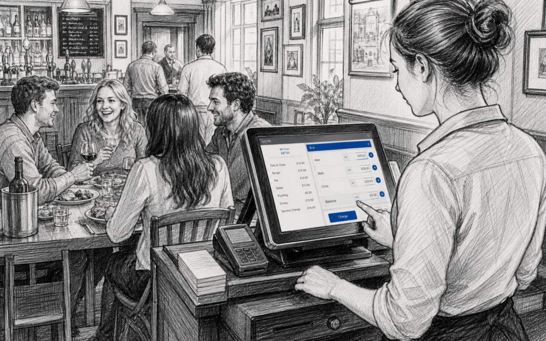 Pencil sketch of a UK restaurant or pub with diners and staff using a touchscreen POS to split the bill.