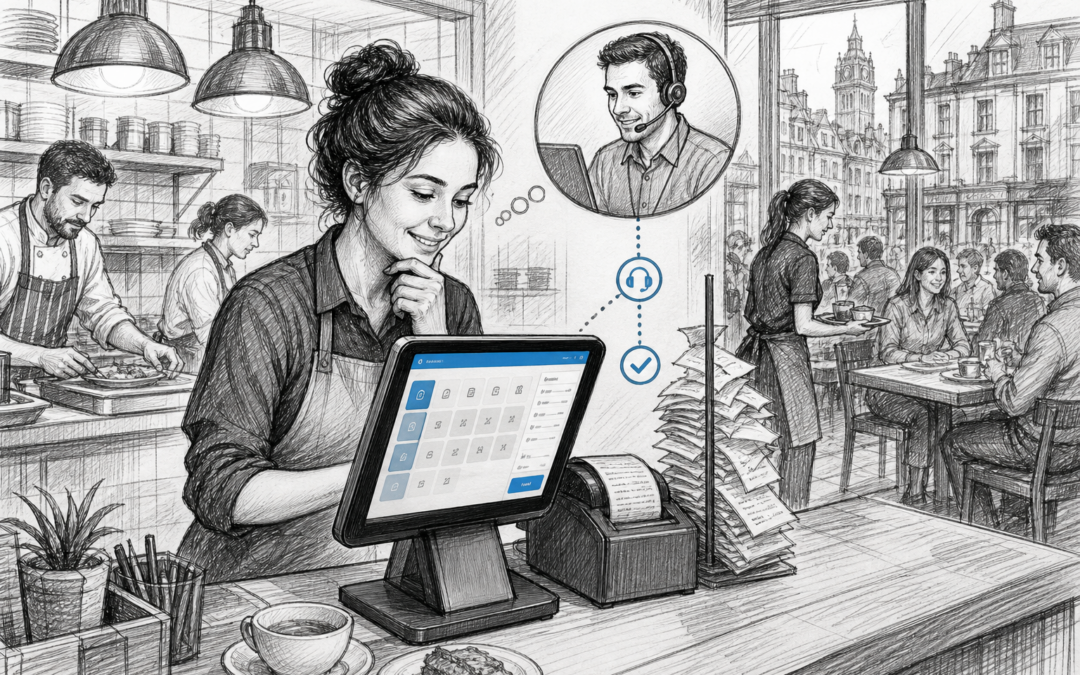 Black-and-white sketch of a UK café or restaurant with a Samtouch EPOS terminal and staff using local support-focused EPOS software.
